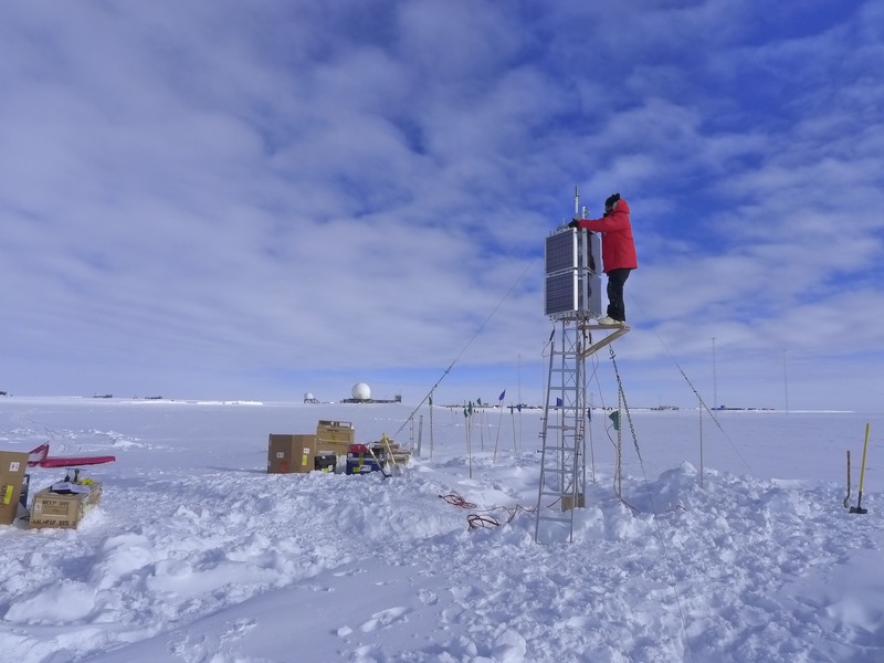 Manteghi atop the solar tower at South Pole.